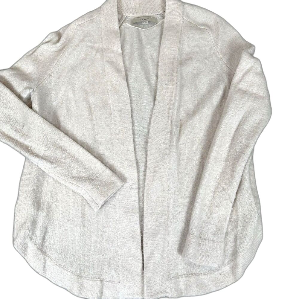 Loft Womens Open Front Cardigan M Beige Long Sleeve Merino Wool Blend